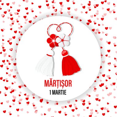 Martisor, red and white symbol of spring on the background of hearts. Traditional spring holiday in Romania and Moldova. Holiday card, banner, vector.