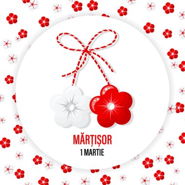 Martisor, a red and white symbol of spring on the background of flowers. Traditional spring holiday in Romania and Moldova. Holiday card, banner, vector.