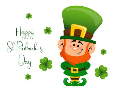 St. Patrick's Day, cute leprechaun with shamrock leaves and greeting text. Illustration, postcard, banner, vector