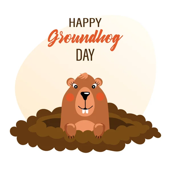 Happy Groundhog Day Funny Groundhog Character Crawls Out Ground Congratulation — Stockvektor