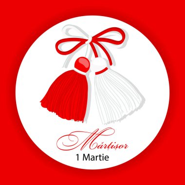 Martisor, red and white symbol of spring. Traditional spring holiday in Romania and Moldova. Holiday card, banner, vector.