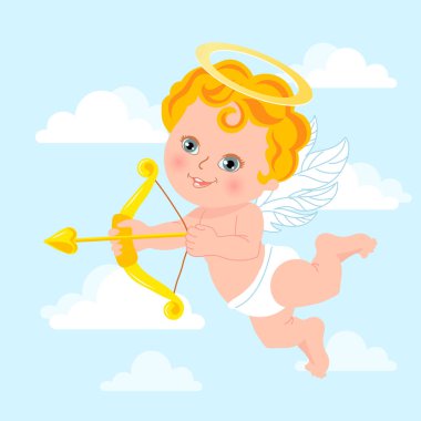 Cute cupid with bow and arrow, baby angel with a halo in the sky with clouds. Illustration, vector
