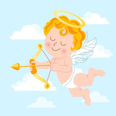 Cute cupid with bow and arrow, baby angel with a halo in the sky with clouds. Illustration, vector