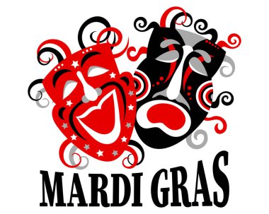 Mardi Gras, colorful carnival masks and congratulatory text. Red and black design. Banner, poster, vector