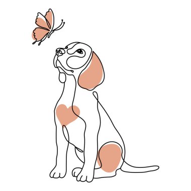 Line art, cute purebred dog beagle and butterfly. Outline illustration, poster, postcard, vector
