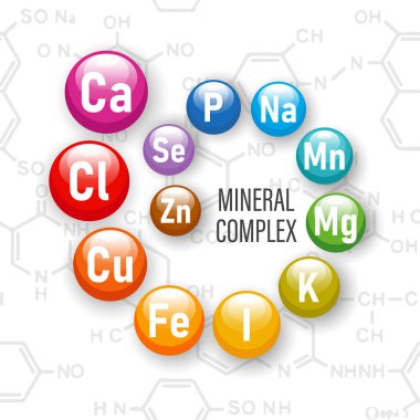 Sağlıklı beslenme mineral kompleksi. Kimyasal formüllerin arka planında mineral simgelerinin gösterimi. Tıp ve sağlık hizmetleri kavramı. Vektör