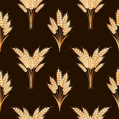 Kusursuz desen, buğday buketleri, çavdar, arpa, kahverengi arka planda altın kulaklar. Arkaplan, yazdırma, tekstil, vektör