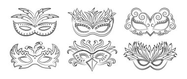 Masquerade carnival masks, outline drawing set. Illustration, sketch for coloring, vector clipart