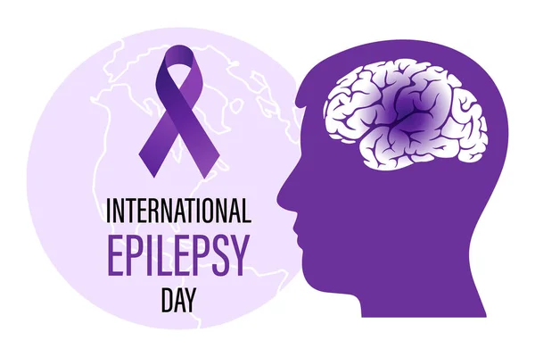 Welttag Der Epilepsie Menschliche Silhouette Gehirn Und Lila Band Medizinisches — Stockvektor
