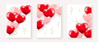 Set of luxury greeting posters with colorful heart balloons and golden serpentines. Birthday, wedding, valentine's day. Poster, banner, vector