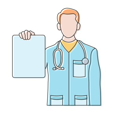 Line art, a doctor with a stethoscope and a blank sheet in his hand. Black outline with color. Medical healthcare concept. Poster, banner, vector