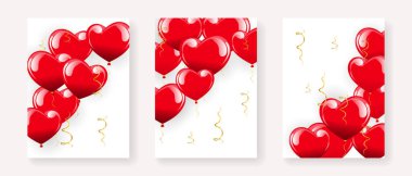 Set of luxury greeting posters with colorful heart balloons and golden serpentines. Birthday, wedding, valentine's day. Poster, banner, vector