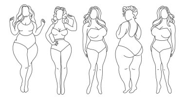 Silhouettes of women with different figures, set, sketch. Body positivity concept. Line art, vector