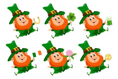St. Patrick's Day. Set of cute funny leprechauns with beer, golden horseshoe, clover, gold coin, Irish flag. Icons, templates, stickers, vector