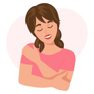 Love yourself. Nice woman hugging herself. Love your body concept. Find time for yourself. Vector illustration.