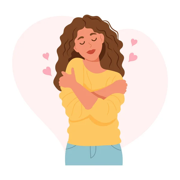 Love Yourself Nice Woman Hugging Herself Love Your Body Concept — Stockvektor