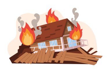 Destroyed house in a fire, burning house in fire and smoke. Hurricane, tornado, earthquake. The concept of natural disasters. Illustration, vector