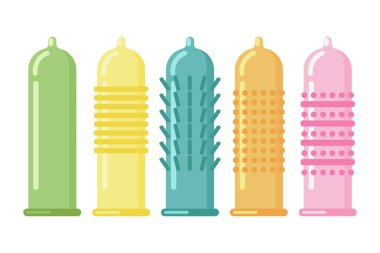 Set of vector condom icon. The concept of contraception. Various shapes and types of condoms. Vector