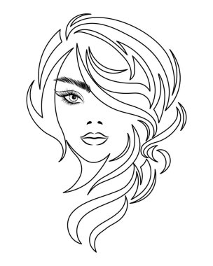 Line art, contour drawing of a beautiful woman with long hair. Beauty logo. Fashion and beauty concept. Vector