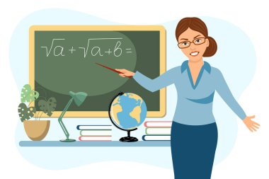 Woman teacher with a pointer in the classroom. The concept of school and learning, teacher's day. Vector, illustration in flat cartoon style