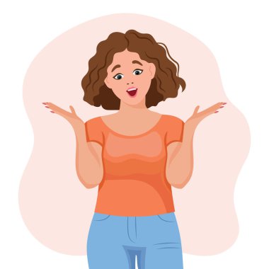 Woman with surprised expression raised her hands, gesture. The concept of human emotions. Flat style illustration, vector