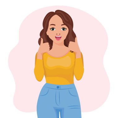A woman with a joyful expression raised her fingers up, everything is fine. The concept of human emotions. Flat style illustration, vector