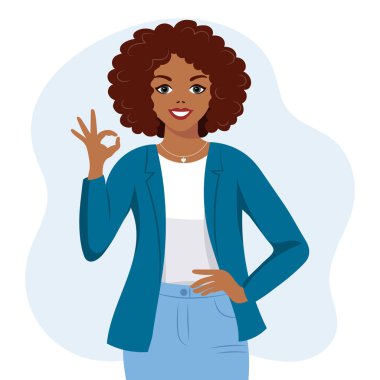 Black african american woman with joyful expression shows hand gesture ok. Human emotions. Flat style illustration, vector