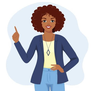 A black African American woman with a joyful expression raised her finger up. Human emotions. Flat style illustration, vector
