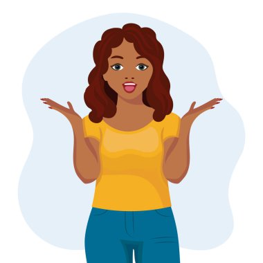 Black african american woman with surprised expression raised her hands, gesture. Human emotions. Flat style illustration, vector
