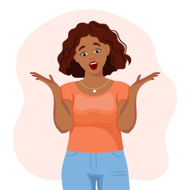 Black african american woman with surprised expression raised her hands, gesture. Human emotions. Flat style illustration, vector