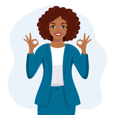 Black african american woman with joyful expression shows hand gesture ok. Human emotions. Flat style illustration, vector