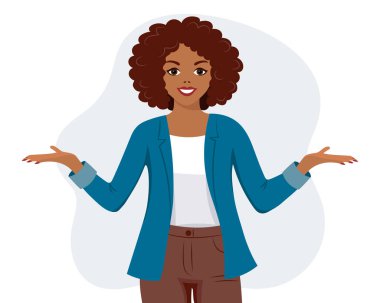 A black African American woman spread her hands with a satisfied expression. Human emotions. Flat style illustration, vector