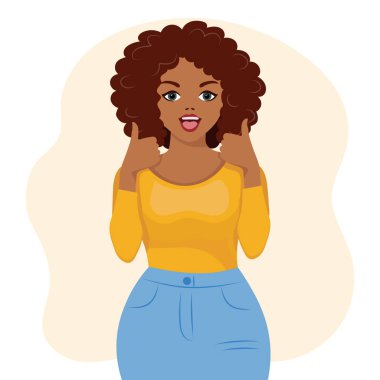 A black woman with a joyful expression raised her fingers up. Human emotions. Flat style illustration, vector