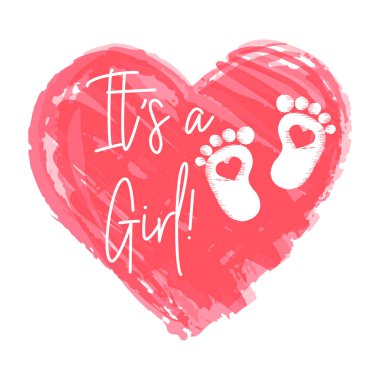 Pink watercolor heart with baby footprints and the words it's a girl. Newborn baby icon, symbol, print, postcard, vector