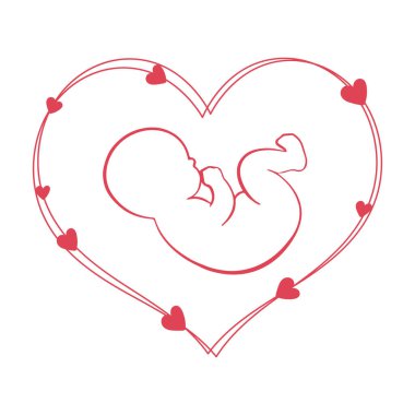 Drawing of a baby embryo in a heart with hearts around it. Newborn baby icon, postcard, vector