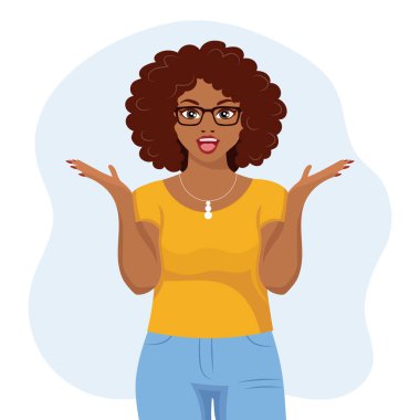 Black african american woman with surprised expression raised her hands, gesture. Human emotions. Flat style illustration, vector
