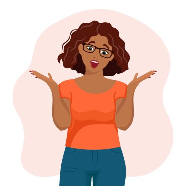 A woman with glasses raised her hands with a surprised expression. Emotions and gestures. Flat style illustration, vector