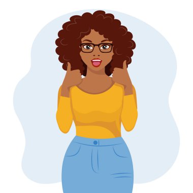 A black woman with a joyful expression raised her fingers up. Human emotions. Flat style illustration, vector