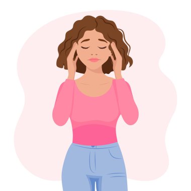 Beautiful woman with a headache. migraine. The concept of medicine and healthcare. Flat illustration, vector