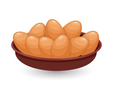 Fresh chicken eggs in a clay plate. Brown eggs. Food illustration, vector