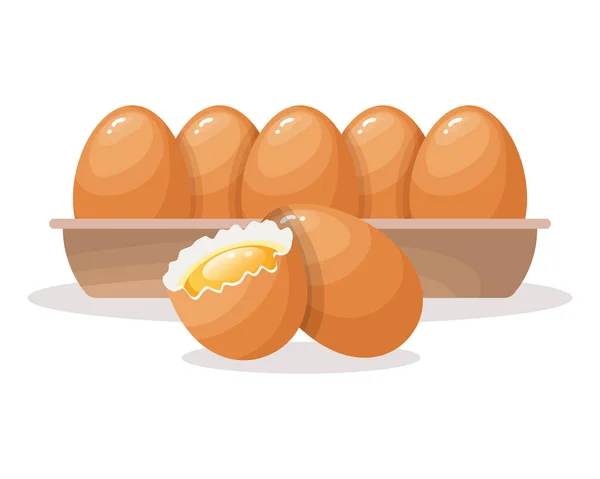 Verse Eieren Een Kartonnen Container Een Gebroken Kippeneieren Een Doos — Stockvector