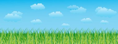 Seamless spring landscape with grassy field, sky and clouds. Copy space background, seamless border, vector.
