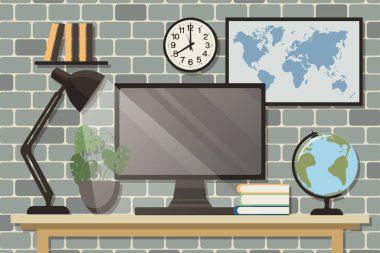 Home office concept, workspace. Computer monitor, table lamp, indoor plants on the table, world map and wall posters. Background, vector