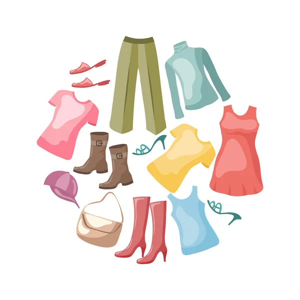 Verschiedene Damenbekleidung Und Schuhe Kreis Illustration Symbole Vektor — Stockvektor