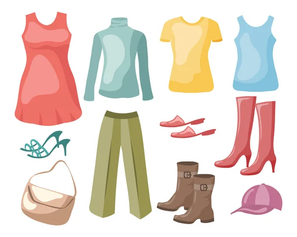 Set Various Women Clothing Shoes Illustration Icons Vector — ストックベクタ