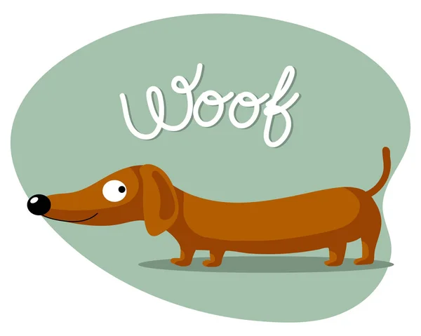 Zeichentrickfilm Lustiger Dackelhund Und Das Wort Woof Flache Stilabbildung Kinderdruck — Stockvektor