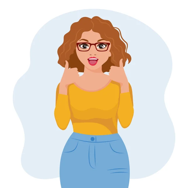 stock vector Young woman in glasses with a joyful expression and an ok gesture. Emotions and gestures. Flat style illustration, vector