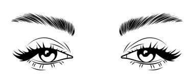 Uzun kirpikleri ve kaşları olan kadın gözleri. Kadın baygın görünüyor. Güzellik logosu, çizim, vektör