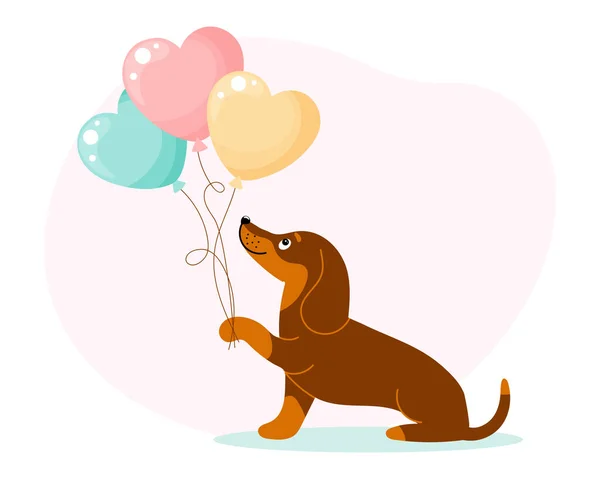 Cão Bonito Caráter Dachshund Com Balões Forma Coração Cartão Aniversário —  Vetores de Stock