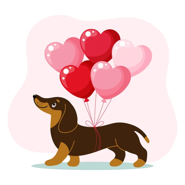 Cute Dog Dachshund Character Heart Shaped Balloons Birthday Card Cartoon — Διανυσματικό Αρχείο